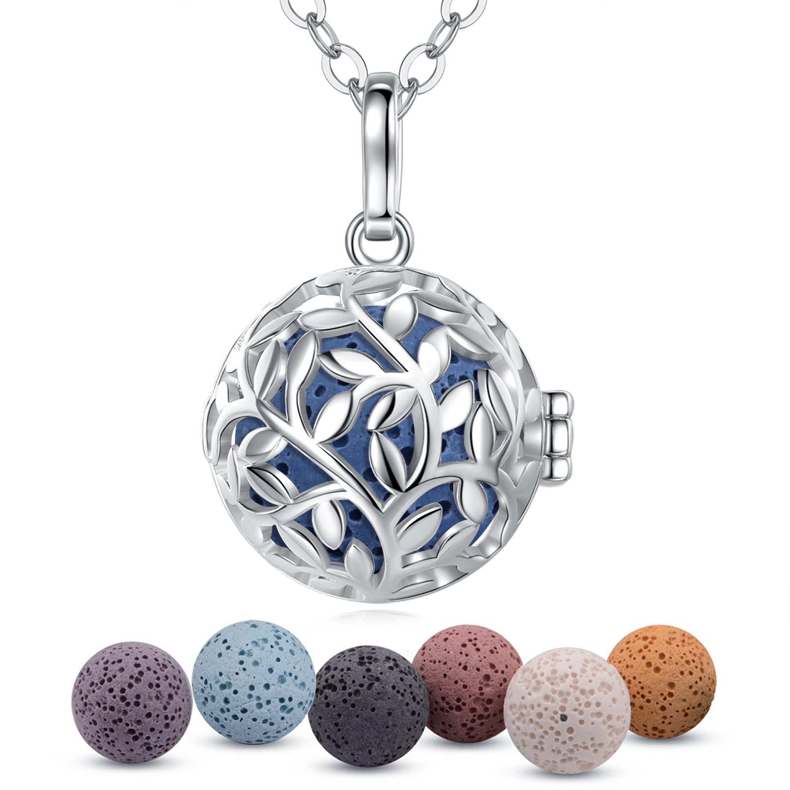 EUDORA Harmony Ball Tree of life Aromatherapy Essential Oil Diffuser Pendant Necklace for Women with 7PCS Lava Stone Nice gift for Women Girls, 24" Chain