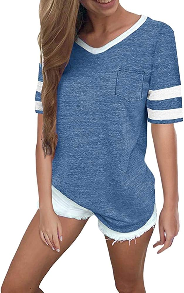HGWXX7 Women Summer Casual V Neck Stripe Short Sleeve Pocket Blouse Tops T Shirt (M, Blue)