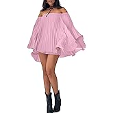 Ophestin Women's 2 Piece Pleated Outfits Off Shoulder Oversized 3/4 Cape Sleeve Shirt Shorts Set for Beach Vacation