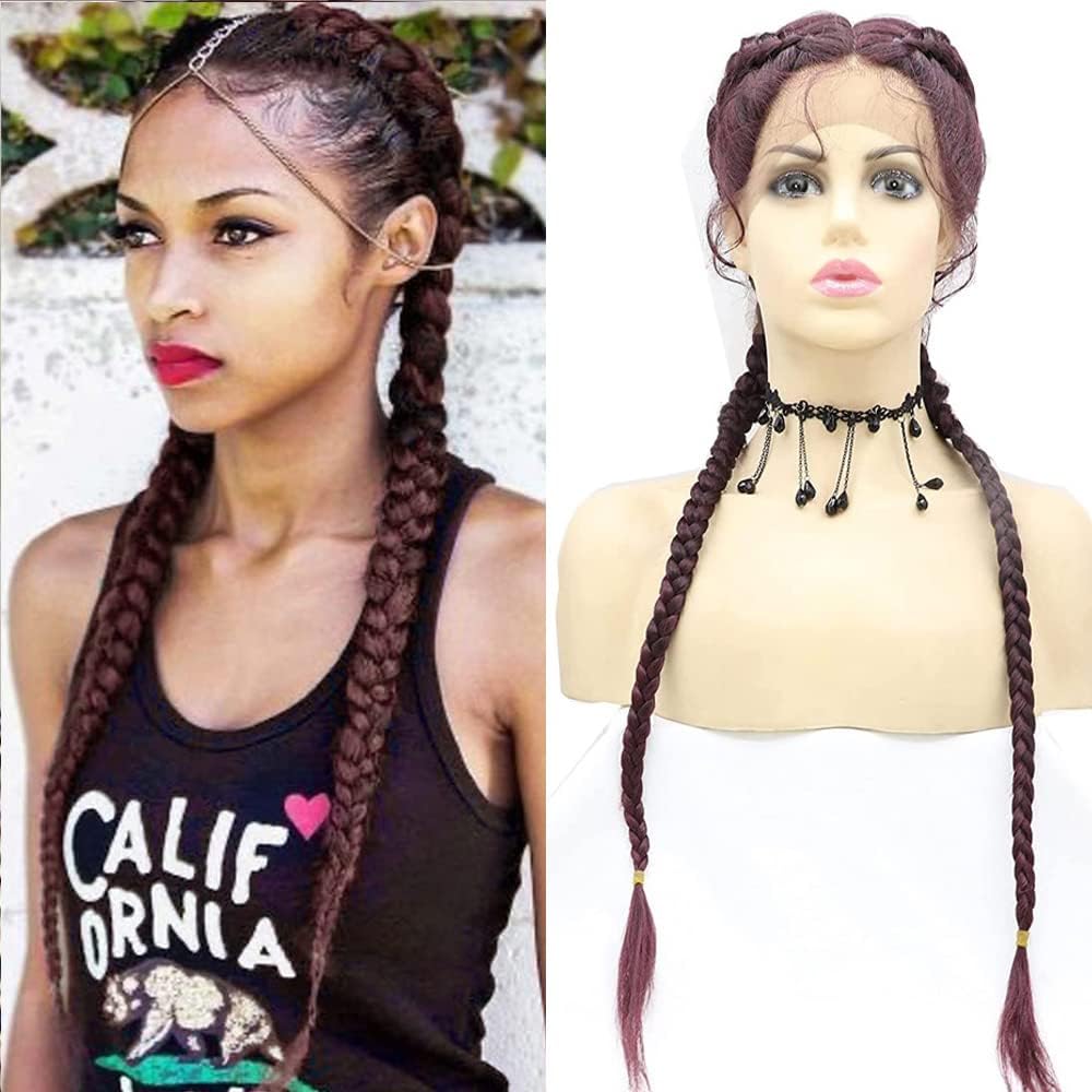 xiweiya 32'' Mixed Wine Red 99J Lace Front Wigs Lightweight 2 Twist Braids Cornrow Braided Wig with Baby Hair Natural Hairline Hand Crochet Lace Braids for Women, Drag Queen Halloween Cosplay — image 1