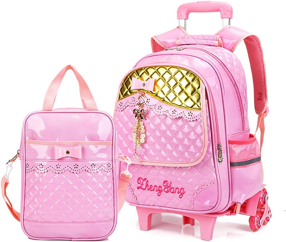 Meetbelify Rolling Backpacks For Girls School Bags Trolley Handbag With Lunch Bag Pink