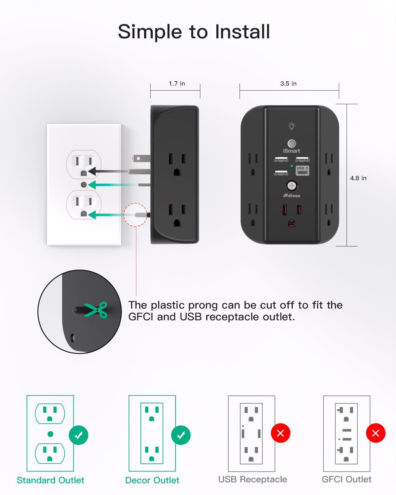 Wall Outlet Extender with Shelf and Night Light,Surge Protector,USB Wall Charger with 5 USB Outlets and 3 USB Ports 1 USB C Outlet