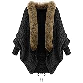 Women's Elegant Faux Fur Collar Poncho Coat Cape Fall Winter Batwing Sleeve Cable Knit Cardigan Sweater