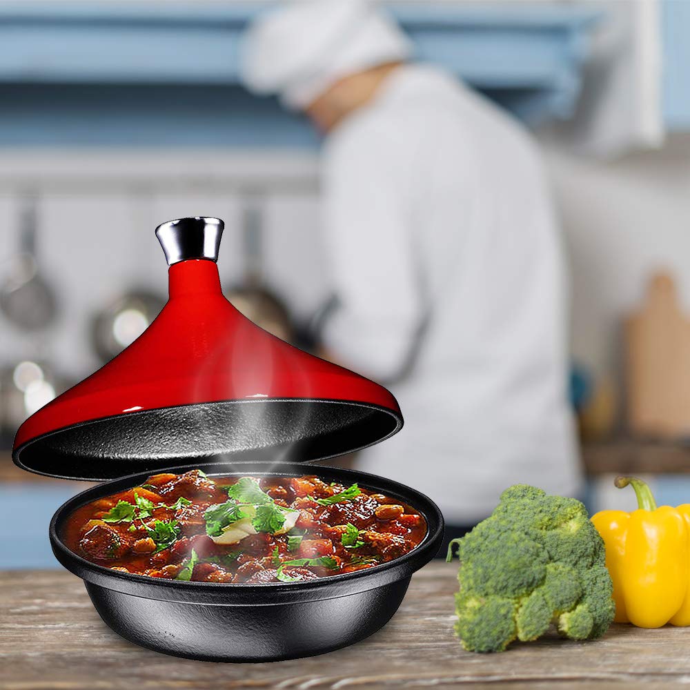 Bruntmor Moroccan Tagine, Cast Iron, Red, 3.5-Quart, Round, With Lid