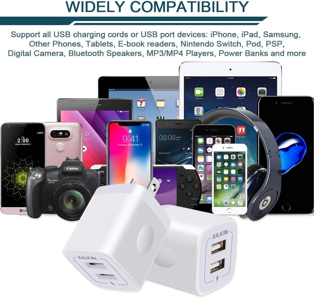 USB Wall Charger, Charger Adapter, Ailkin 2-Pack 2.1Amp Dual Port Quick Charger Plug Cube Replacement for iPhone 7/6S/6S Plus/6 Plus/6/5S/5, Samsung Galaxy S7/S6/S5 Edge, LG, HTC, Huawei, Moto, Kindle