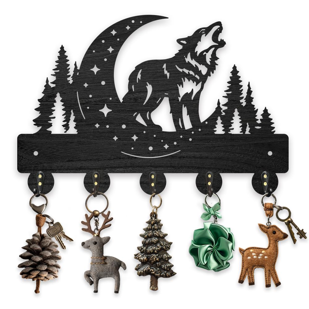MAYJOYDIY Wolf Coat Rack, 30x20cm, Wooden Wall Mounted Key Holder with 5 Hooks, Moon Design, Forest Wildlife Art Decor for Entryway, Bedroom, Office