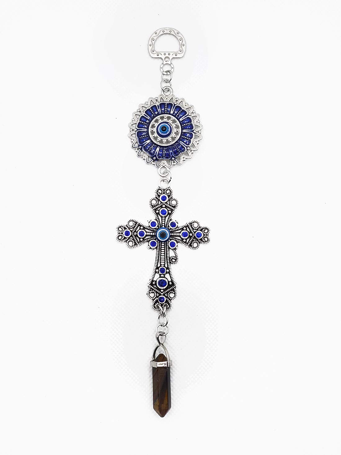 LUCKBOOSTIUM Blue Crystal Inlayed Cross & Blue Mandala Evil Eye Amulet w/Hanging Healing Stone - Nature, Energy, Rebirth, Growth Charms - Car & Home Lucky Charm Ornament (2"x8", Goldstone)