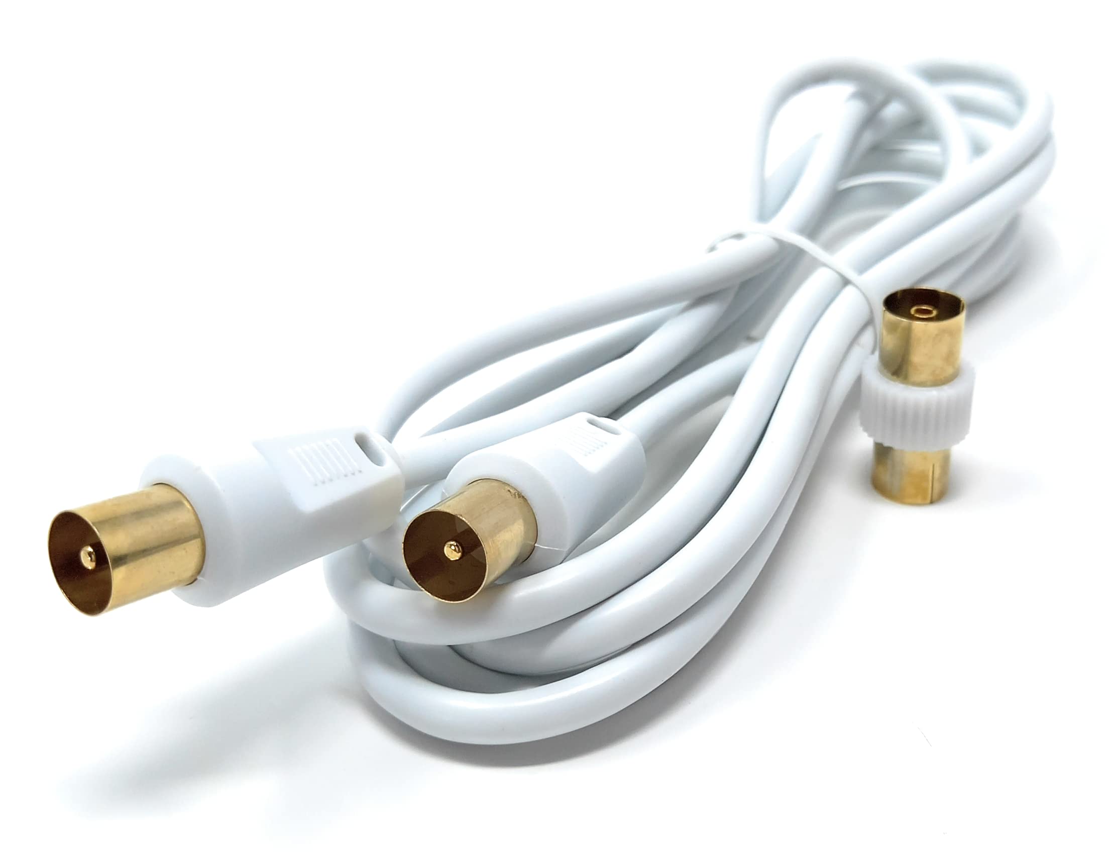 DRUT 1.8m TV RF Male to Male Aerial Antenna Coaxial Cable With Female to Female Coupler, Gold Connectors 75 ohm, 3C2V 6ft White