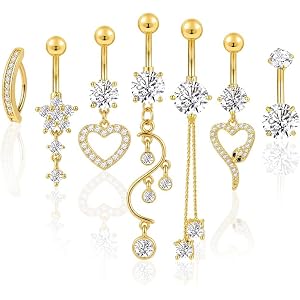 FIRSTGIFT 7pcs Gold/Silver Belly Button Rings Butterfly/Snake Belly Jewelry | Non-tarnish Longer/Short/Curved Dangle Belly Bu