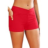 Women 3" High Waisted Swim Board Shorts V Cross Boy Shorts Swim Bathing Suit Bottoms Swimwear with Pockets