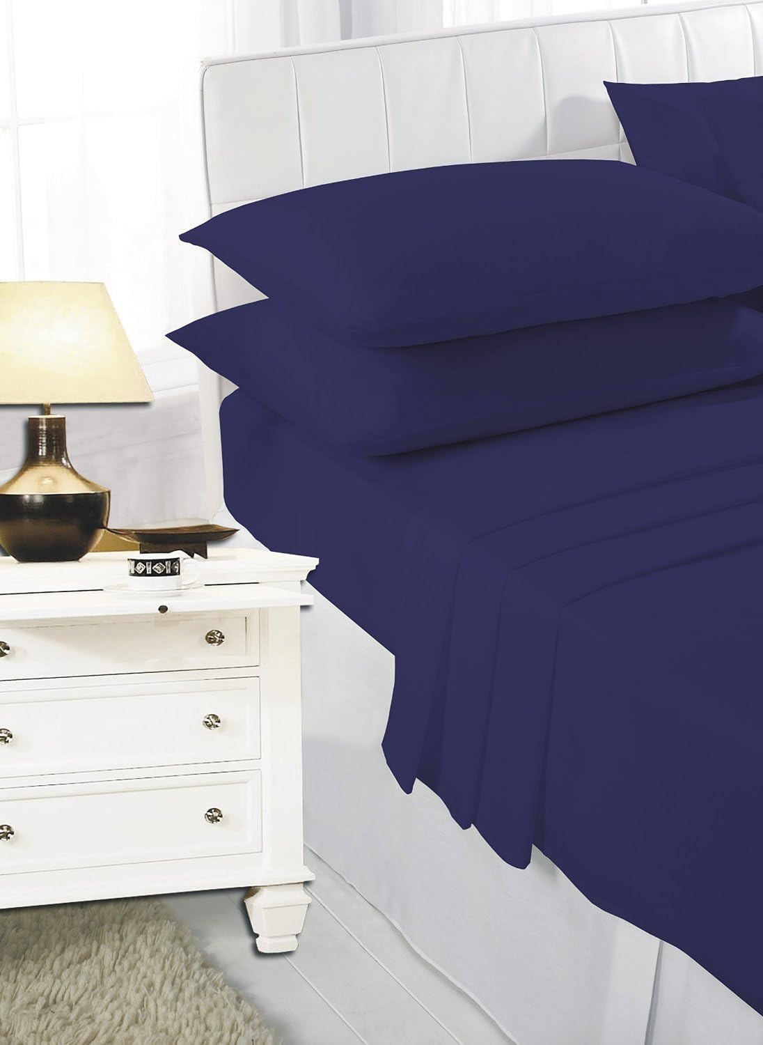 y3m Luxury Plain Dyed Fitted Sheet New Bed Cover Bedding Set with PILLOWCASE (NAVY BLUE, SINGLE)