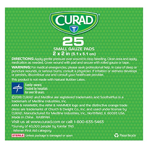 Curad SoothePLUS Gauze Pads with ARM & HAMMER Baking Soda, 2" x 2", 25
