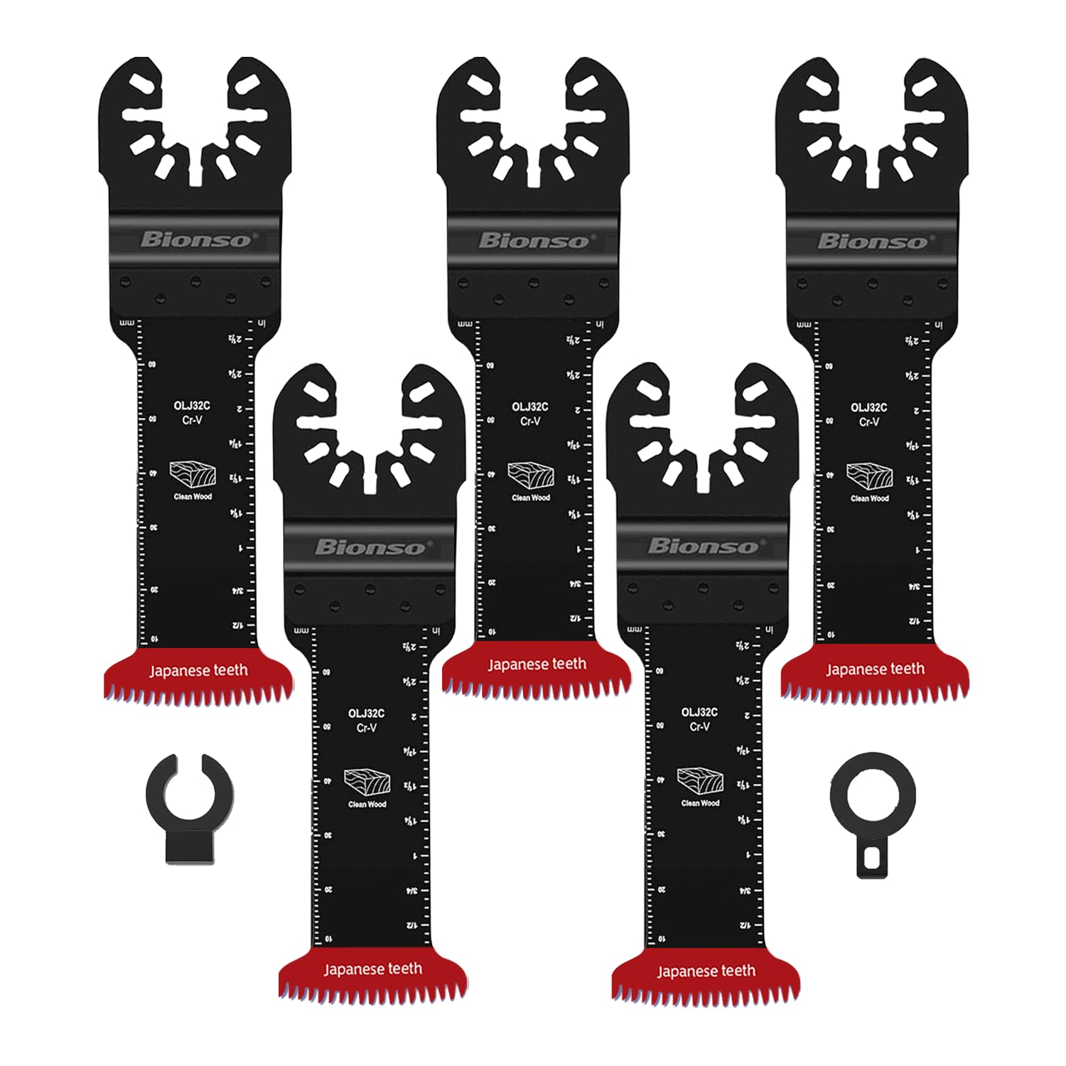 Bionso 5 PCS Japanese Tooth Oscillating Saw Blades Wood Extra Long Reach Double-Row Teeth Multitool Blades Clean Cutting for Wood and Plastic Quick Release Blades Fit Dewalt Ryobi Milwaukee Makita