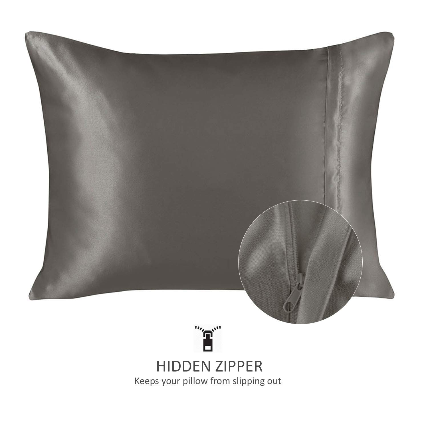 ShopBedding Satin Pillowcase with Zipper, for Hair and Skin Care, Feels Soft and Cool Like a Silk Pillowcase, Satin Pillow Cases 2 Pack, Slik Pillow Cover, Silver Grey - Standard Size - Set of 2 - Image 2