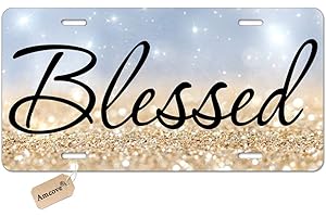Amcove License Plate Blessed Car Tag Gold and White Glitter Background - Front License Plate, License Plate, Vanity Tag, Car License Plate 6 X 12 Inch