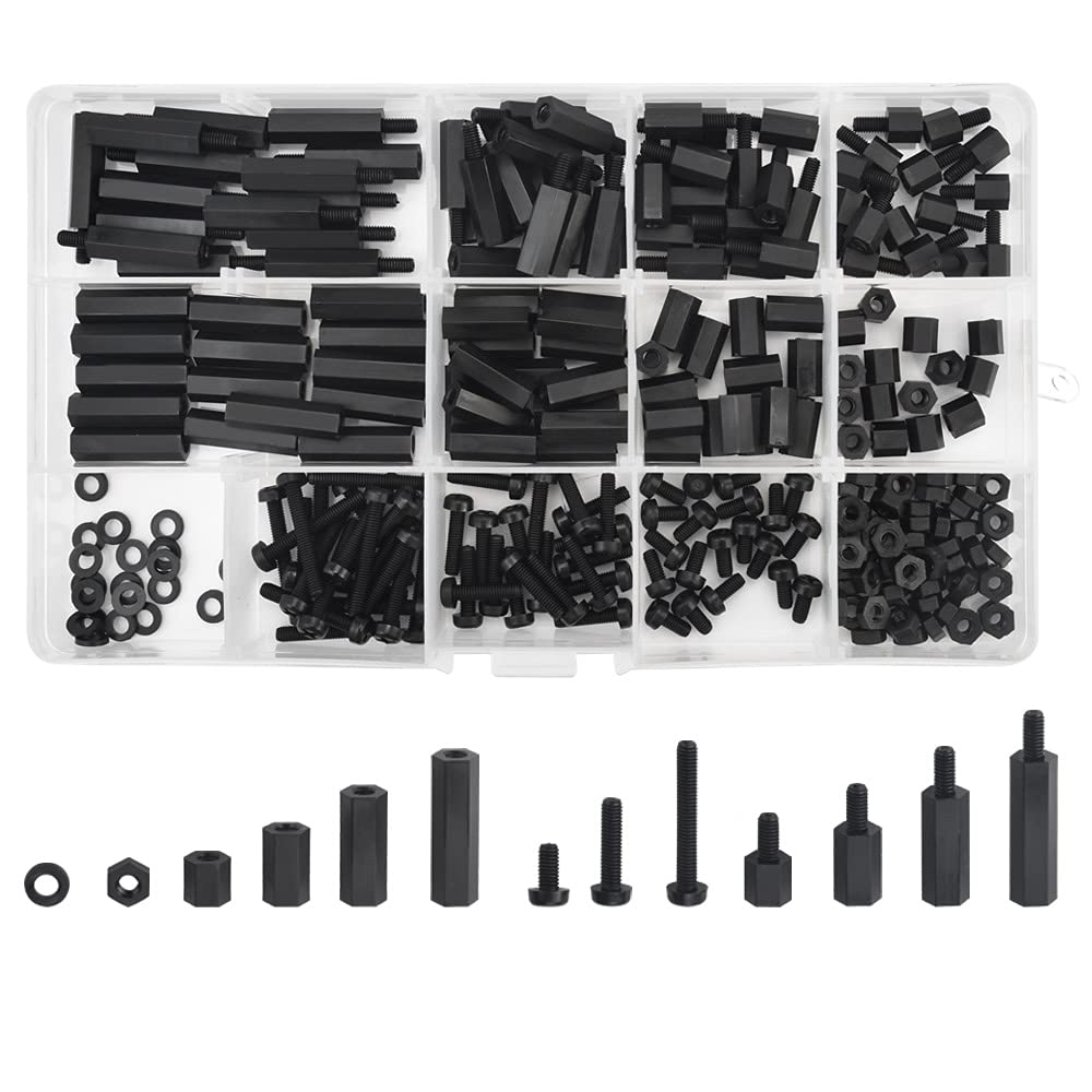 ANTHYTA 260 PCS M3 Male Female Nylon Hex Spacer, Nylon Hex Spacer Standoff Kit, 13-Style Nuts & Washers,PCB Board Screw Kit Black Color M3 Threaded Spacer in Plastic Box for PCB Board DIY Use