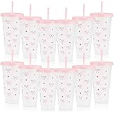 12Pcs 24 oz Pink Bow Plastic Cups with Straw and Lid, Reusable Coquette Bow Tie Cold Cups for Wedding Baby Shower Birthday Party Decor