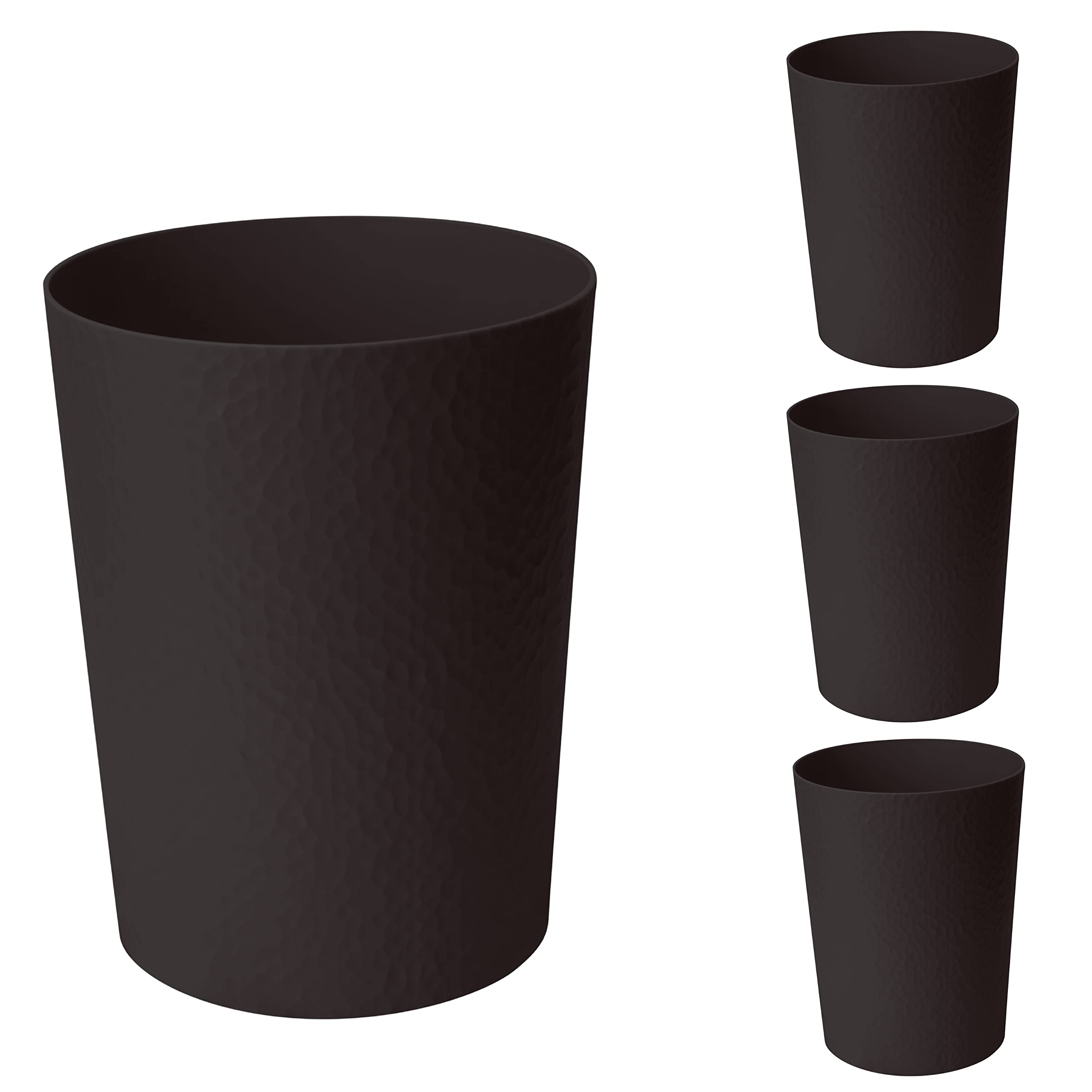 Bath Bliss Hammered Design Waste Bin | 4 Pack | Round Open Top | 10 Liter | Bathroom Trash Can | Kitchen | Office | Bedroom | Textured Plastic | Wastebasket | Black