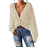 Pink Queen Women's 2025 Casual Pullover Sweaters Sexy V Neck Long Sleeve Twist Knot Cropped Knit Sweater Tops