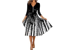 DOPOCQ Baggy 3/4 Sleeves Fitness Dress for Women Holiday Classic V-Neck Dress Ruched Print Thin Soft A Line Dress