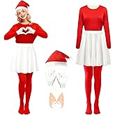 Maazusa Christmas Elf Outfit for Women Red White Deluxe Female Elf Costume Cosplay Dress Suit with Hat Collar Holiday Party