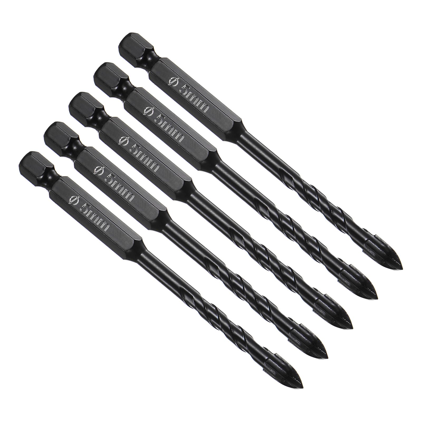 CoCud Masonry Drill Bit, 5mm Cutting Dia 90mm Length 1/4" Hex Shank Carbide Cross Tip Concrete Drill Bit Set Black - (Applications: for Wood Glass Brick Cement), 5-Pieces