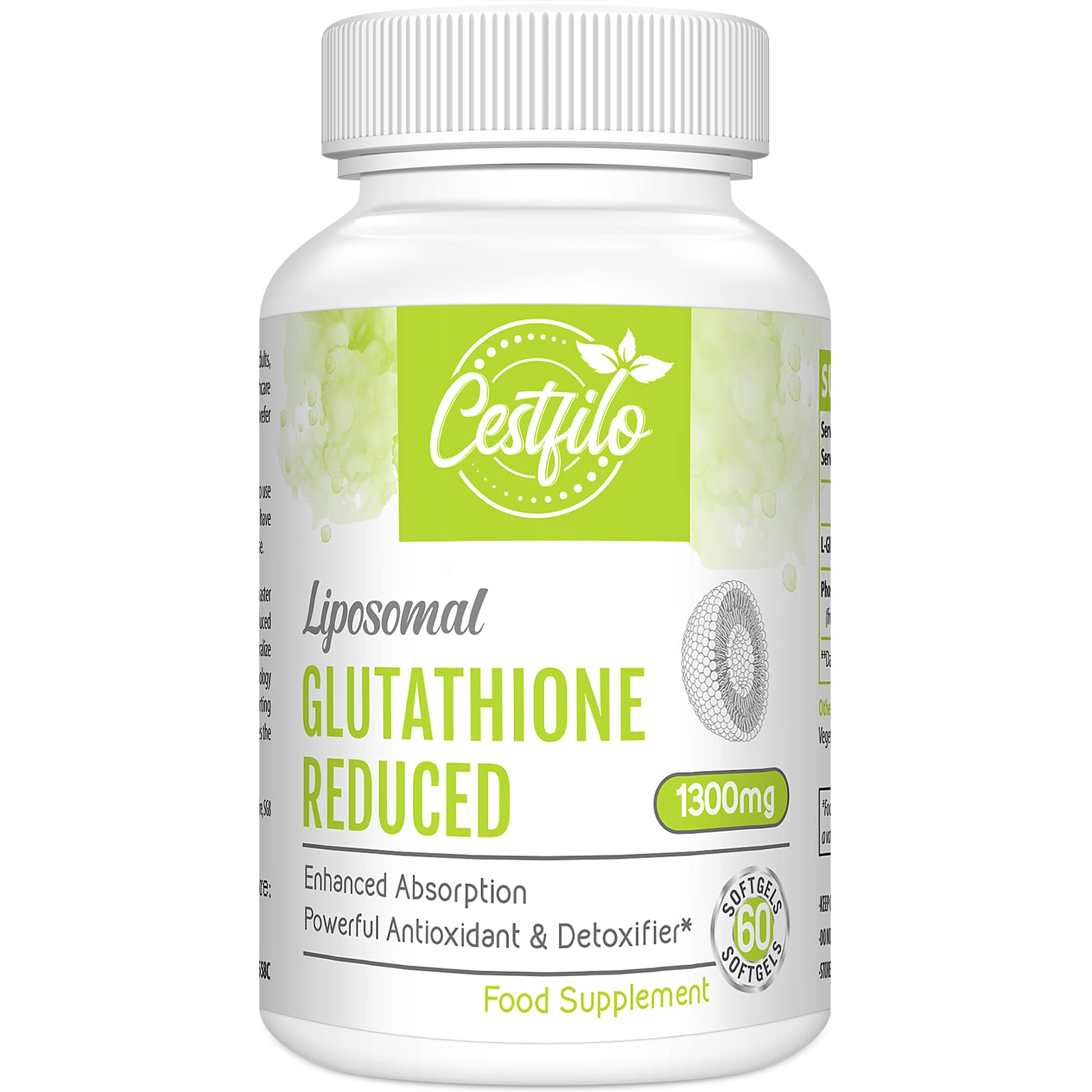 Liposomal Glutathione Reduced 1300 mg, Active Form L Glutathione Reductase (GSH), Powerful Antioxidant for Optimal Cell Protection (60 Count (Pack of 1))