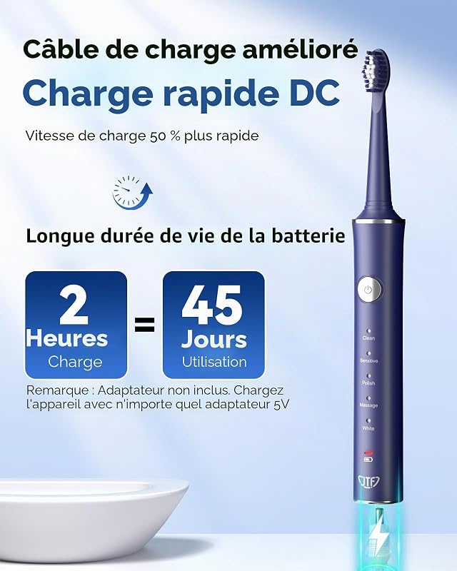 Brosse À Dents Électrique Sonique Pour Adulte – 5 Modes, 45 Jours D’autonomie, 8 Têtes De Brosse, Étanche Ipx7, Minuterie Intelligente, Adaptée Aux Voyages – Brosses À Dents Complet (Bleu)