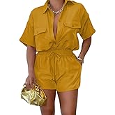 Euulin 2 Piece Outfits for Women Button Down Lightweight Short Sleeve Shirts Loungewear Summer Shorts Sets With Pockets