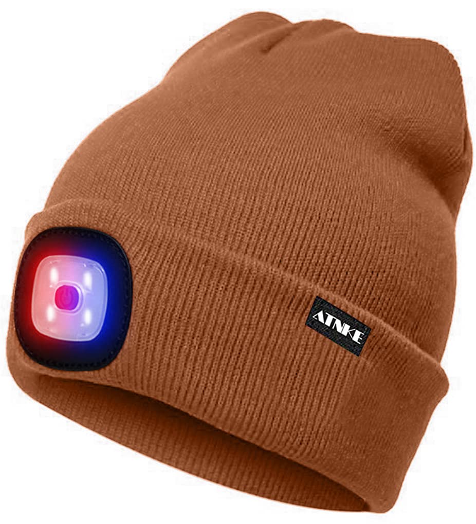 ATNKE LED Lighted Beanie Cap,USB Rechargeable 4 LED Red and Blue Glow Flashing Running Headlamp Hat Winter Warm Gifts for Men and Women/Red Brown