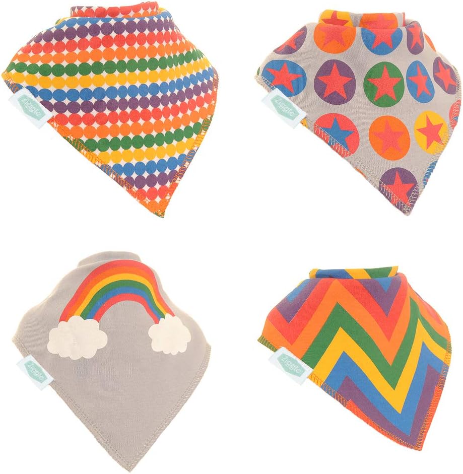 Ziggle Baby Bandana Dribble Bibs, Super Absorbent, Fits Newborn to Toddler, Award Winning, 4 Pack Rainbow Brights