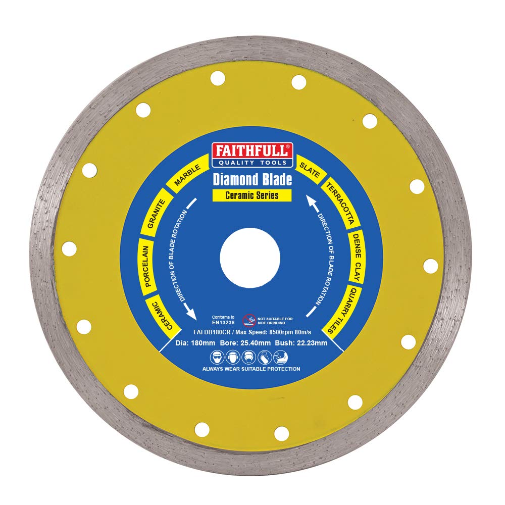Faithfull FAIDB180CR Marble, Ceramic, Granite, Slate, Terracotta Tile Diamond Cutting Blade 180 mm x 22/16 mm (7 Inch),yellow