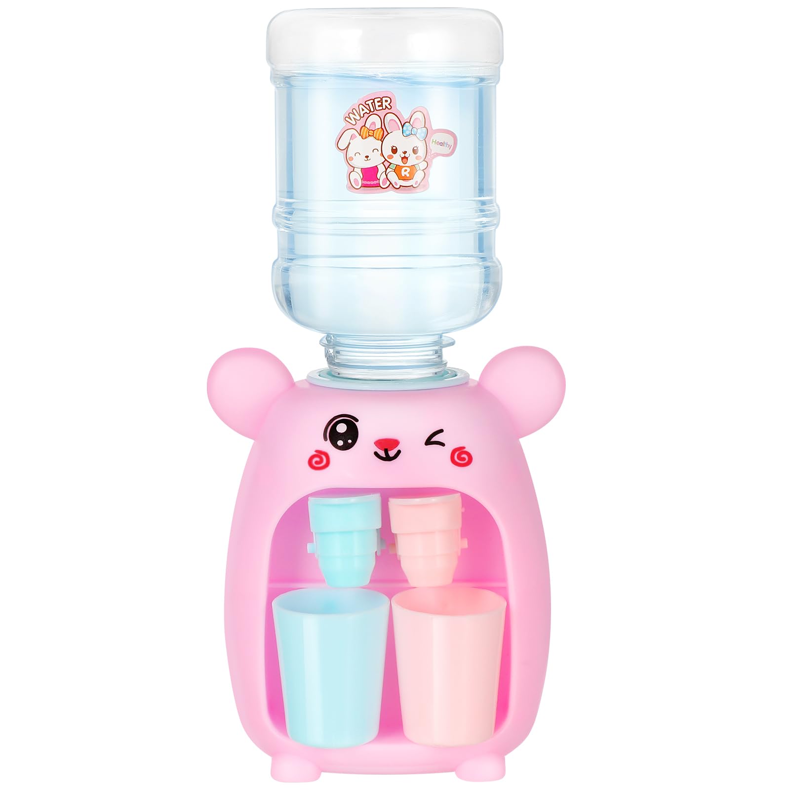 Alipis Mini Water Dispenser, Miniature Animal Water Cooler Toy Cute Bunny Water Fountain Tiny Tabletop Water Machine Toy Dollhouse Accessories for Kids Toddler (Pink)