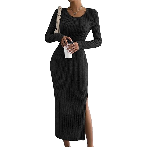 bodycon sweater dress amazon Women Knitted Sweater Dress Casual Long Sleeve Round Neck Split Thigh Maxi  Long Dress Elegant Bodycon Fall Dress (Black,XS) at Amazon Women's Clothing  store