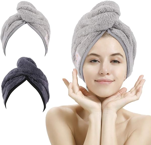 M-bestl 2 Pack Haartuch Turban, Mikrofaser-Haartrocknungshandtuch mit Knopfdesign zum Trocknen der Haare (Dunkelgrau & Hellgrau