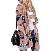 Women Boho Cardigan Aztec Open Front Long Sleeve Shawl Collar Sweater Coat
