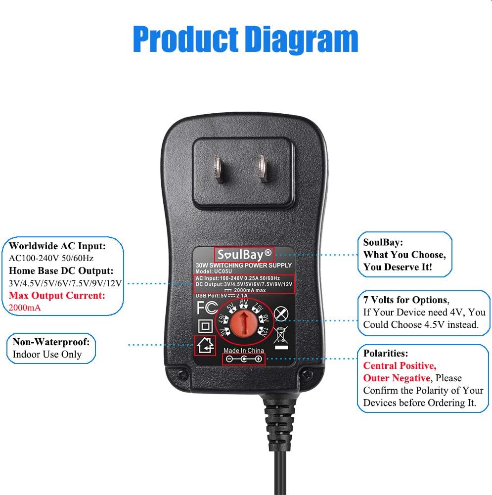 [Upgraded Version] SoulBay 30W Universal AC/DC Adapter Switching Power Supply with 8 Selectable Adapter Tips, Including Micro USB Plug, for 3V to 12V Household Electronics and LED Strip - 2000mA Max: Home Audio & Theater