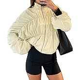 Yousify Womens Lightweight Bomber Jacket Oversized Batwing Sleeve Zip Up Stand Collar Ruched Coat Jackets with Pockets