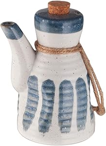 Happy Sales HSSD-BLZN7, Japanese Style Earthenware Ceramic Oil Dispenser Ponzu Vinegar Dispenser Shoyu Soy Sauce Dispenser With Cork Stopper, 7 fl oz, Blue Zen