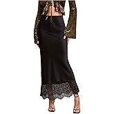 MakeMeChic Women's Satin Lace Maxi Skirt Silk High Waist Fishtail Long Skirts