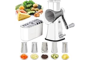 BNUNWISH Rotary Cheese Grater Shredder 5-in-1 Tumbling Box Mandoline Vegetable Julienne Slicer Waffle Cutter Nut Chopper with Handle and Strong Suction Base