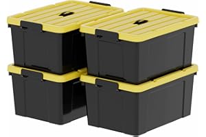 Cetomo 72Qt*4 Plastic Storage Bins, Tote Storage Box with Handle, Stackable, Black and Yellow, 72Quart-4 Pack