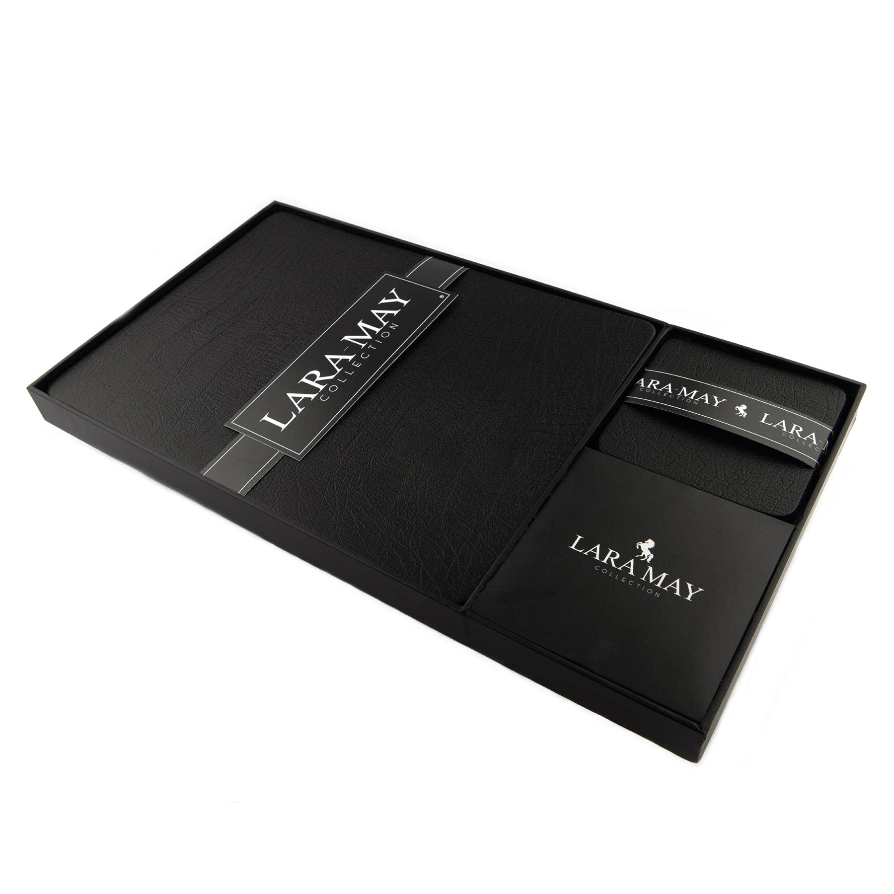 Sets of 4 Jet Black Recycled Leather Placemats (28cm x 21cm) and 4 Recycled Leather Coasters. Made in The UK by Lara-May.