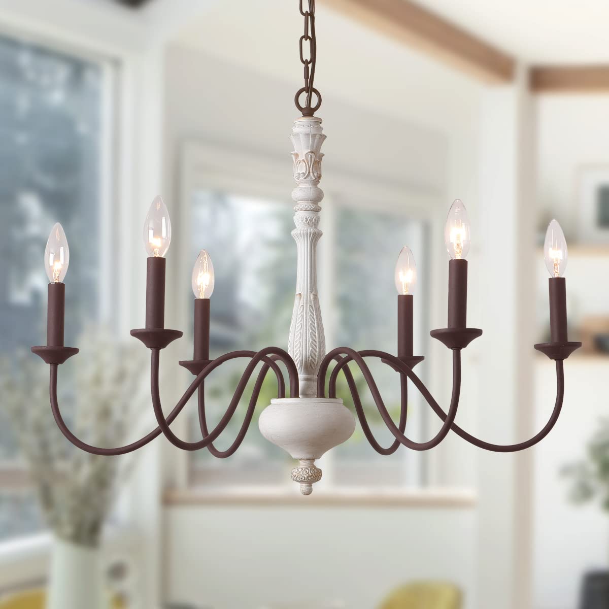 Photo 1 of French Country Chandelier,6-Light Farmhouse Chandelier Vintage Candle Dining Room Lighting Fixture Brown White Antique Industrial Chandeliers for Living Room Kitchen Island Foyer Bedroom Lighting