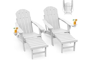 GREENVINES Adirondack-Chairs-with-Ottoman | Set of 2 | Folding | Retractable-Footrest | HDPE Plastic | All Weather Fire Pit Chair | Cup Holders | White | for Outdoor Poolside