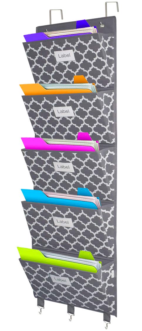 homyfort Over the Door File Organizer, Hanging File Folders, Wall Organizers and Storage for Mail, Magazine, Notebooks, Planners, Office, Classroom, 5 Extra Large Pockets (Grey Lantern Pattern)