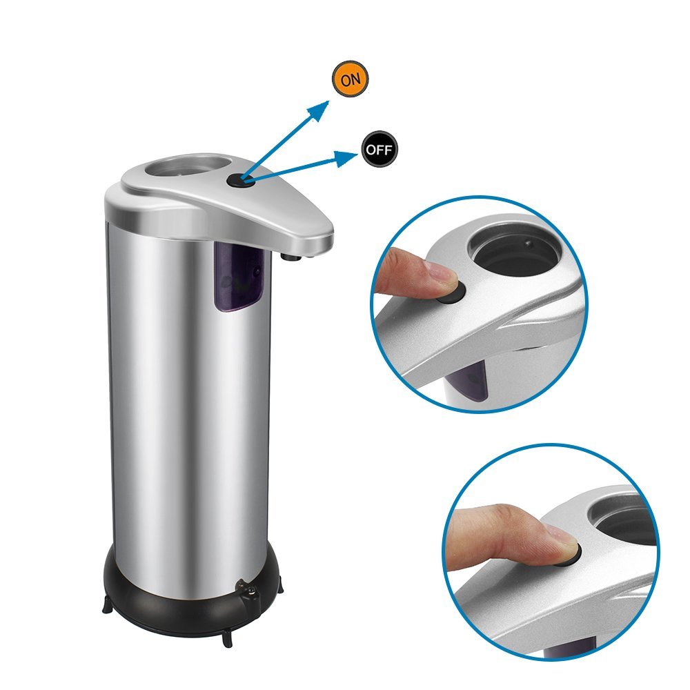 Fun Sponsor Automatic Soap Dispenser, 250ML Stainless Steel Touchless Liquid Sensor Soap Dispenser Soap Holder Hand Free with Waterproof Base for Kitchen Bathroom (Silver)