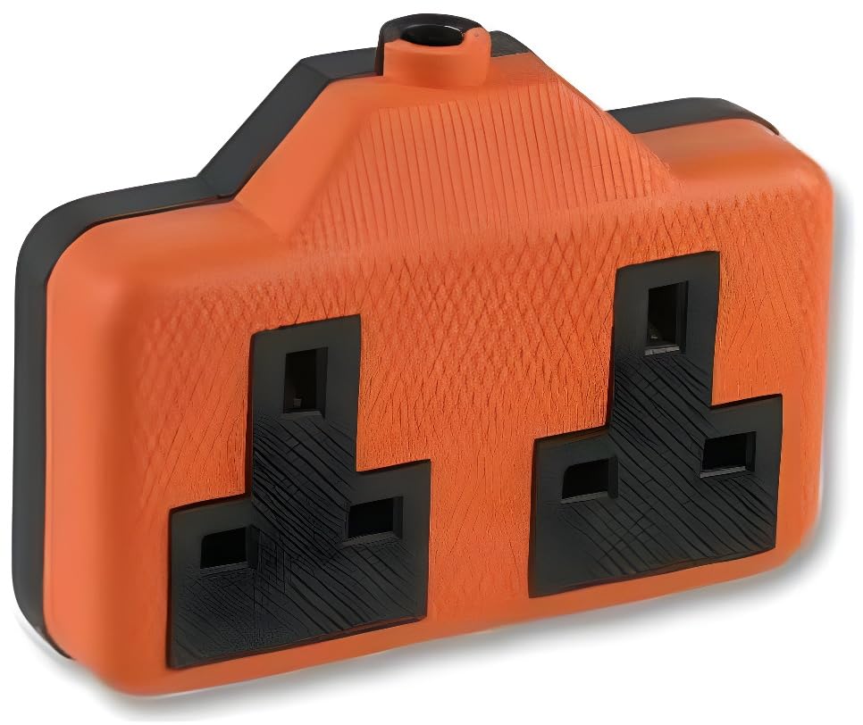Heavy Duty Electrical 2 Gang 13 amp Re-Wireable Rubber Block Extension Socket - Orange (double socket)