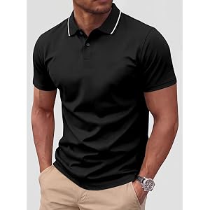 Men's Polo Shirts Short Sleeve Slim Fit Stretch Contrast Color Ribbed Knitted Lightweight Buttons Casual Dress Crastimo