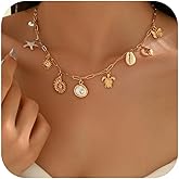 Seashell Starfish Necklace for Women Turtle Pearl Beach Chunky Gold Charm Chain Pendant Statement Trendy Birthday Vacation Summer Jewelry Accessories Gifts